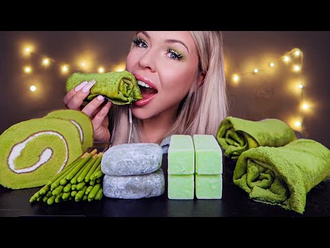 ASMR EDIBLE TOWEL CREPE CAKE, POCKY, ROLL CAKE, HONEYDEW MELON ICE BAR, MATCHA PARTY MUKBANG 먹방 FAIL