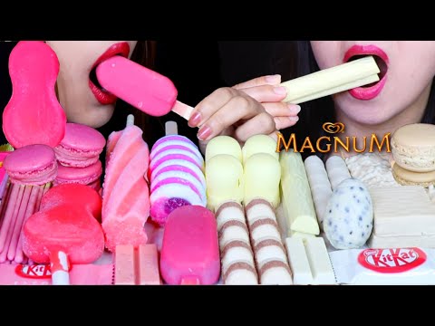 ASMR PINK MAGNUM ICE CREAM, STRAWBERRY ICE CREAM, CHOCOLATE MARSHMALLOW, MACARON, KINDER, KITKAT 먹방