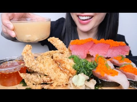 GIANT TUNA SLAB + DEEP FRIED SOFT SHELL CRAB + TOBIKO EGGS (ASMR EATING SOUND) NO TALKING | SAS-ASMR