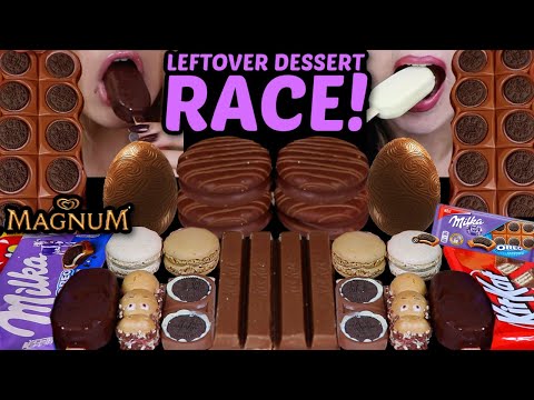 ASMR LEFTOVER DESSERT RACE! CHOCOLATE CREAM MOCHI, MILKA OREO SANDWICH BAR, MAGNUM, KITKATS 먹방