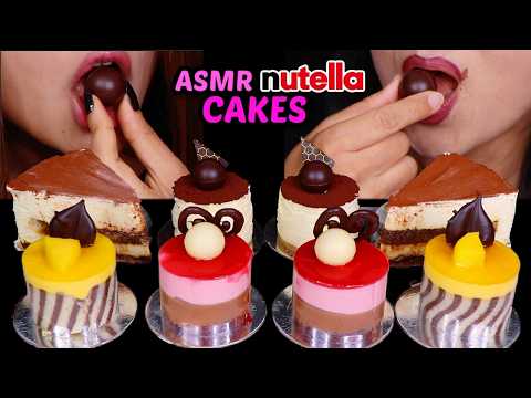 ASMR EATING FANCY MOUSSE CAKES *soft and sticky* Nutella, Mango, Raspberry, Tiramisu 먹방
