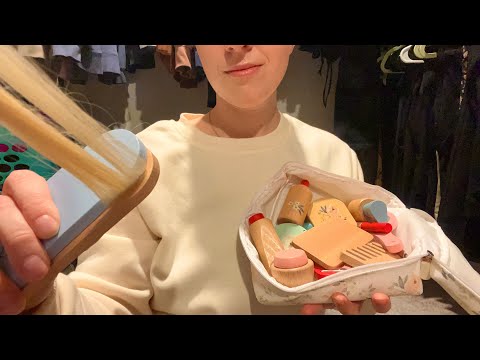 ASMR Hair and Makeup with Wooden Props | Brushing, Rummaging, Combing, Straightening, Skin Sounds