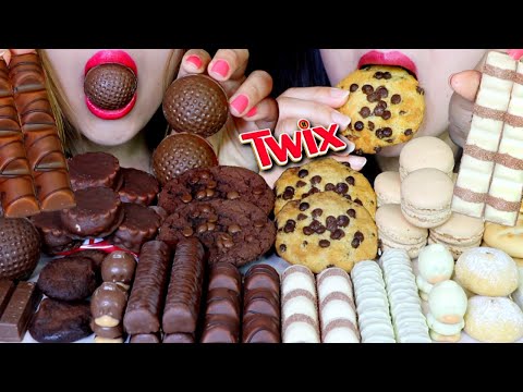 ASMR MILK + WHITE CHOCOLATE (TWIX, MARSHMALLOW CAKE, KINDER BUENO, MACARONS, KITKAT, MILKA COOKIES먹방