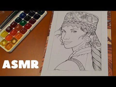 ASMR Coloring the girl in national slavic costume and talking with Russian accent