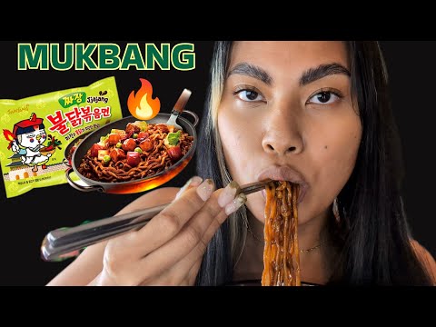 ASMR Eating Spicy Buldak Black Bean Noodles With Buldak Rice Cakes , Mukbang
