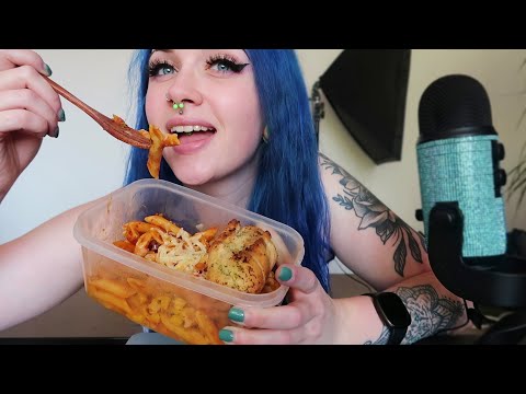 ASMR Eating Tomato Mascarpone Chicken Sausage Pasta & Garlic Bread | EATING SOUNDS