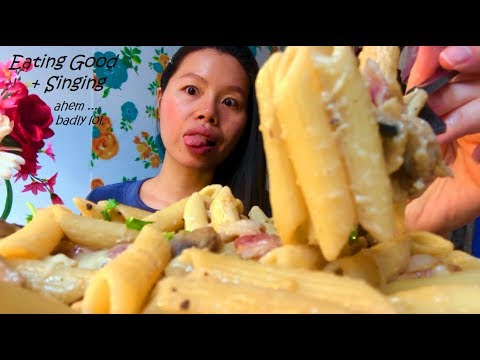 ASMR Eating Cheesy Chicken Mushroom Bacon PENNE PASTA 🍝😍 + Singing My FAV SONGS! Lol! 🎤😅