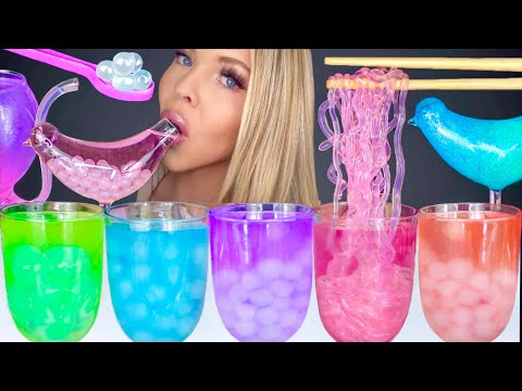 ASMR HOMEMADE BOBA PEARLS, GLASS NOODLES, BIRD GLASS, JELLY WATER DRINKING SOUNDS MUKBANG 먹방