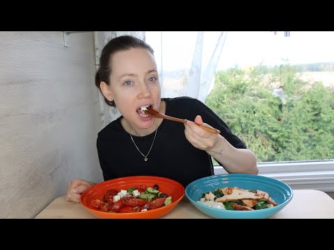 ASMR Whisper Eating Sounds | Chicken Fillet on Spinach Bed | Greek Feta Cheese Salad | Mukbang 먹방