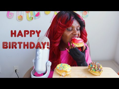 HAPPY BIRTHDAY TO ME! KRISPY KREME M&M DONUTS ASMR EATING SOUNDS