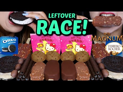 ASMR LEFTOVER DESSERT RACE! LOSER HAS TO EAT SPIDER WEB! HELLO KITTY CAKE, MAGNUM, OREO, FERRERO 먹방