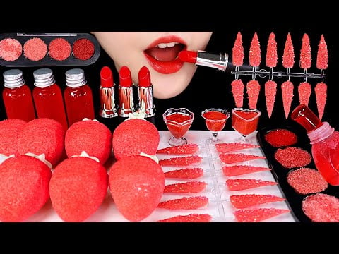 RED FOOD ASMR HONEY JELLY, EDIBLE NAILS, EDIBLE EYE SHADOW, EDIBLE LIPSTICK, MARSHMALLOW ASMR