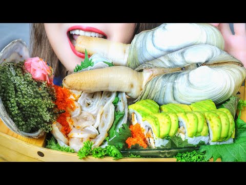 ASMR EATING GEODUCK SASHIMI X SUSHI X SEAGRAPES X TOBIKO EGGS , EATING SOUNDS | RAW FOOD | LINH-ASMR