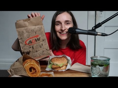 Eating A&W Chubby Chicken Cruncher & Onion Rings ~ Whispered ASMR