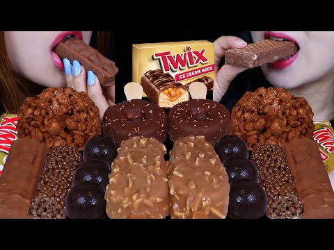 ASMR ONLY CRUNCHY DESSERTS! TWIX CANDY CARAMEL ICE CREAM, DARK CHOCOLATE BON BONS, GIANT ICE CREAM