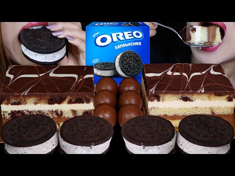 ASMR EATING CHOCOLATE CAKE + OREO ICE CREAM COOKIE SANDWICHES 초콜릿 케이크 리얼사운드 먹방 ケーキ केक