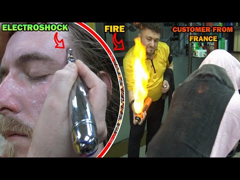 ASMR BARBER FIRE MASSAGE & CRACKING & head, electroshock, back, face, ear, neck, foot, leg massage