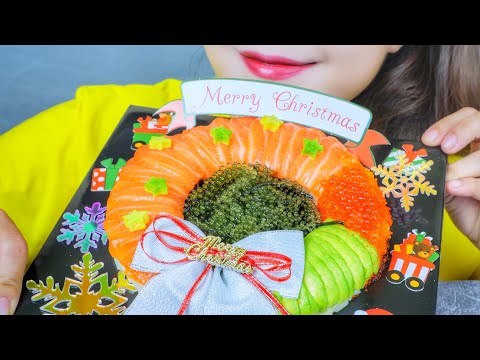 ASMR CHRISTMAS SUSHI CAKE ( RAW SALMON X SALMON EGGS , TOBIKO EGGS ) EATING SOUNDS | LINH-ASMR