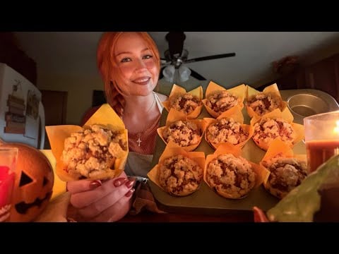 ASMR Baking Pumpkin Streusel Muffins 🎃 (Close Whispers, Night Ambience)