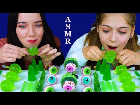 ASMR GREEN FOODS PARTY NIK-L-NIP WAX STICKS, TIK TOK JELLY FRUITS, JELLY CUPS, GUMMY EYEBALLS 먹방