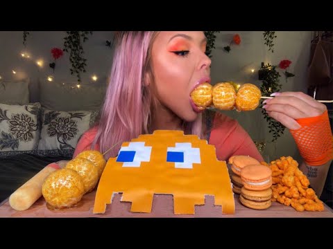 ASMR ORANGE FOOD EDIBLE PACMAN GHOST, TANGHULU ORANGE, JALAPENO CHEETOS, MACARON EATING SHOW 먹방