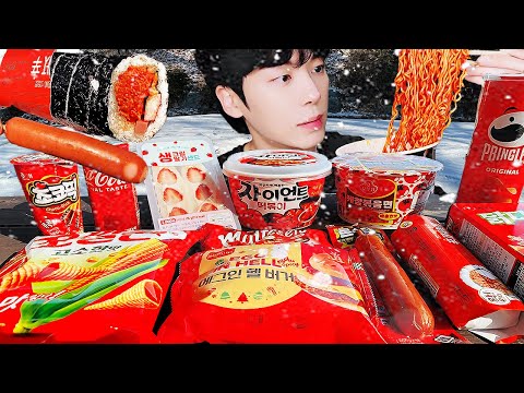 ASMR MUKBANG | 편의점 불닭 떡볶이 소세지 김밥 레드 디저트 먹방 & RED DESSERT AND Tteokbokki EATING