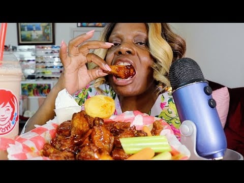 Gooey Spicy Saucy Bourbon Wings With Chocolate Frosty ASMR Eating Sounds