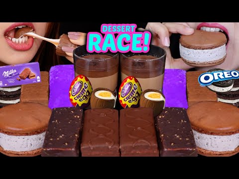 ASMR EXTREME LEFTOVER DESSERT RACE! CADBURY CREME EGGS, CARAMEL MOUSSE, MILKA CAKE BARS, KINDER 먹방