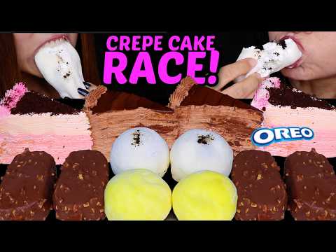 ASMR CREPE CAKE & FRESH CREAM MOCHI RACE! Behind the scenes & birthday vlog 먹방