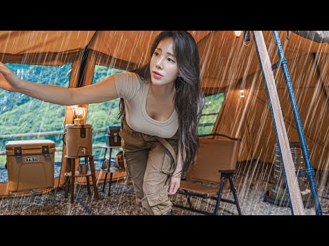 ☔️ CAMPING IN THE RAIN WITH NEW BASE SHELTERㅣRAIN ASMR