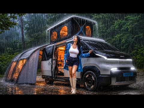 ☔️HEAVY RAIN CAMPING IN A KIA PV5 POP-UP CAMPER VAN