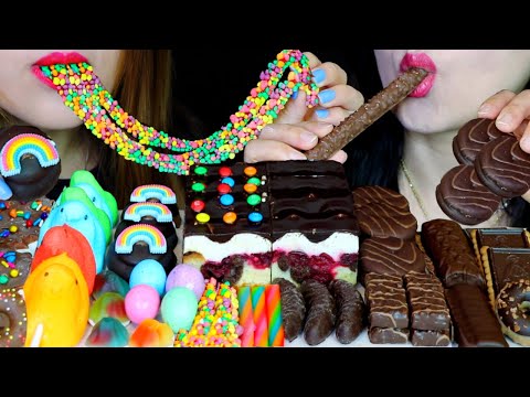 ASMR M&M'S CHOCOLATE CAKE, RAINBOW MARSHMALLOW, NERDS ROPE, VOLCANO GUMMY, MILKA CAKE, CANDY ROPE 먹방