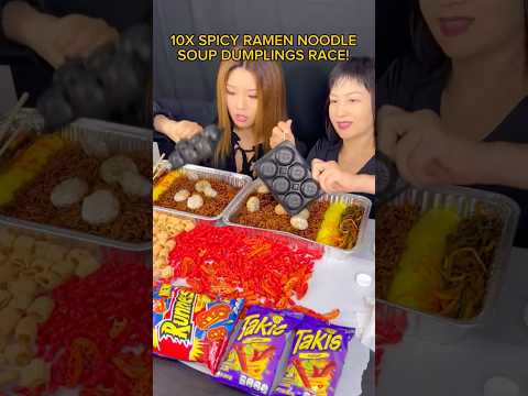10x spicy ramen noodles and soup dumplings race! #food #eating #noodles