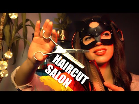 ASMR 🇩🇪HAIRCUT ROLEPLAY | Scissors, Hair Wash, Head Massage & Girl Whispering (Binaural), German