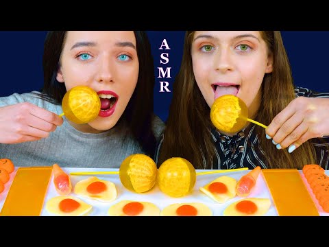 ASMR ORANGE FOOD SHEET JELLY, GUMMY EGGS, CANDY ICE CREAM, JELLY ORANGE EATING MUKBANG