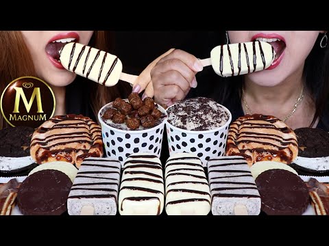 ASMR BLACK & WHITE MAGNUM ICE CREAM BARS, HERSHEY'S CHOCOLATE HONEY BUNS, OREO ICE CREAM SUNDAES 먹방