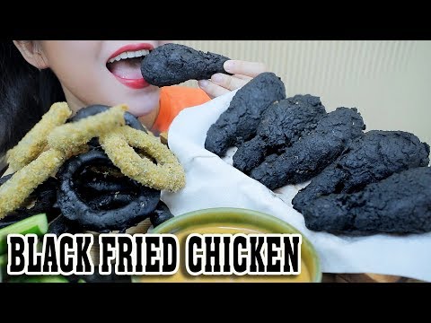 ASMR BLACK FRIED CHICKEN + BLACK FRIED ONION RINGS , CRUNCHY EATING SOUNDS | LINH-ASMR