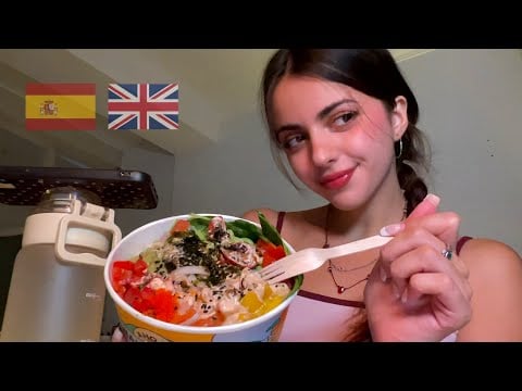 Eating a poke bowl with me 🥢🤍 | english asmr + spanish accent
