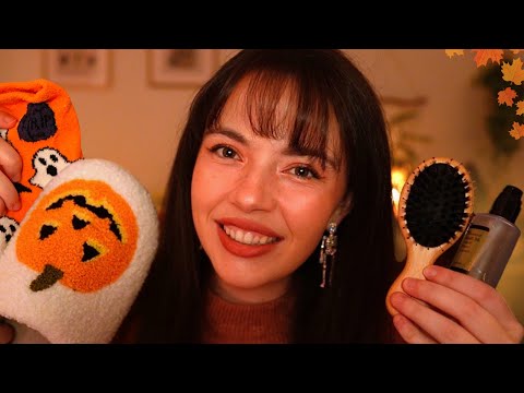 ASMR Cozy Autumn Personal Attention🧦🧸🎃(skincare, hairbrushing, pampering, layered sounds)