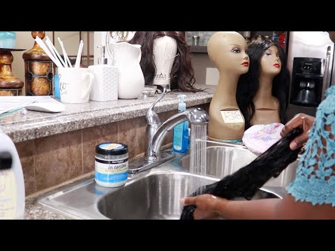 Washing Human Hair Wig , Conditioning , Detangling ASMR Chewing Gum