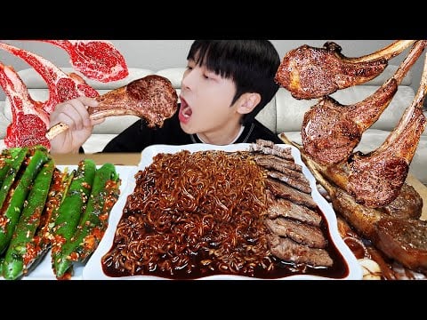 ASMR MUKBANG | 직접 만든 오이고추 김치 레시피 & 짜파게티, 스테이크, 양고기 먹방 | RECIPE KOREAN FOOD