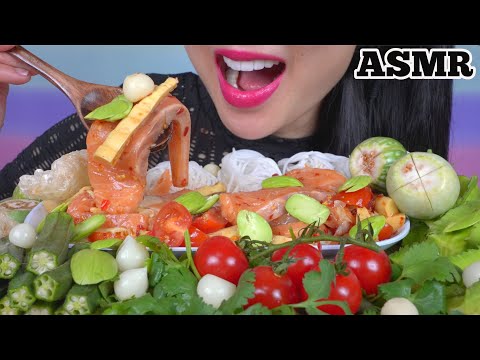 ASMR SPICY SALMON THAI SALAD + FRESH VEGGIES (CRUNCHY EATING SOUNDS) LIGHT WHISPERS | SAS-ASMR