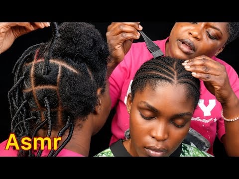 Asmr✨relaxing hair thread loosening, Attentive toothbrush scalp scratching on cornrow, scalp blowin 