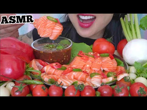 ASMR SALMON SASHIMI +FRESH GIANT VEGGIES + THAI SPICY SAUCE (EATING SOUNDS) NO TALKING | SAS-ASMR