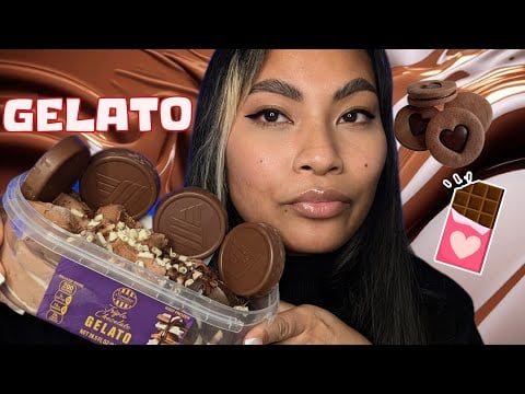 ASMR Eating Triple Chocolate Gelato With Chocolate Wafer Cookies , Crunchy Eating Sounds