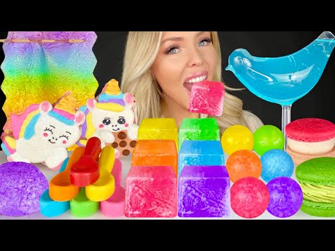 ASMR Frozen Ice Eating, Unicorn cookies, Frozen Jelly Fruit, Macarons Mukbang 먹방