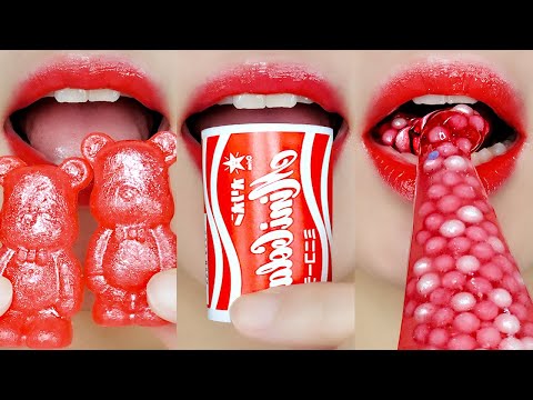 ASMR RED & PINK EMOJI FOOD EATIGN SOUNDS 빨간색 이모지 먹방 MUKBANG