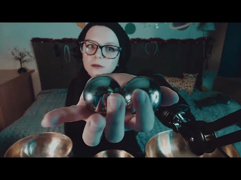 ASMR Meditation with Tibetan Singing Bowls & Baoding Balls, heavy rain ambiance (no talking)