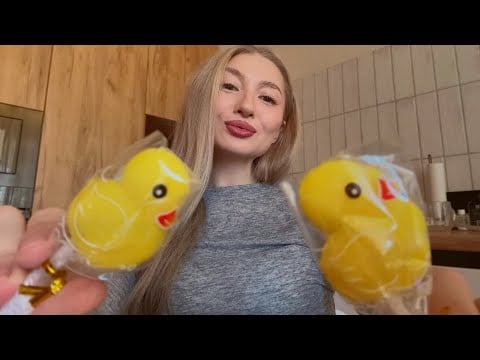 ASMR marshmallow on a stick 🐥ASMR mouth sounds✨ licking and sucking🍭 asmr chewing on a jelly duck🐥