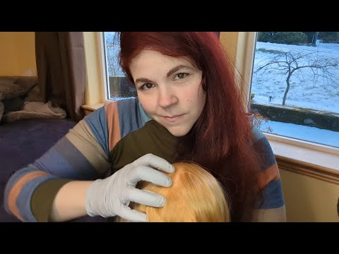 ASMR - Binaural Scalp Massage and Check with Gloves - Tweezers, Wooden Stick, Soft Spoken - Gloves